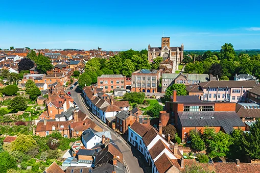 An aerial photo of the Cathedral & City of St Albans in Hertfordshire, England Hertfordshire