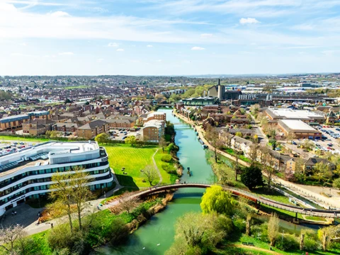 View of the Northampton cityscape with Nene river in England, UK Northamptonshire